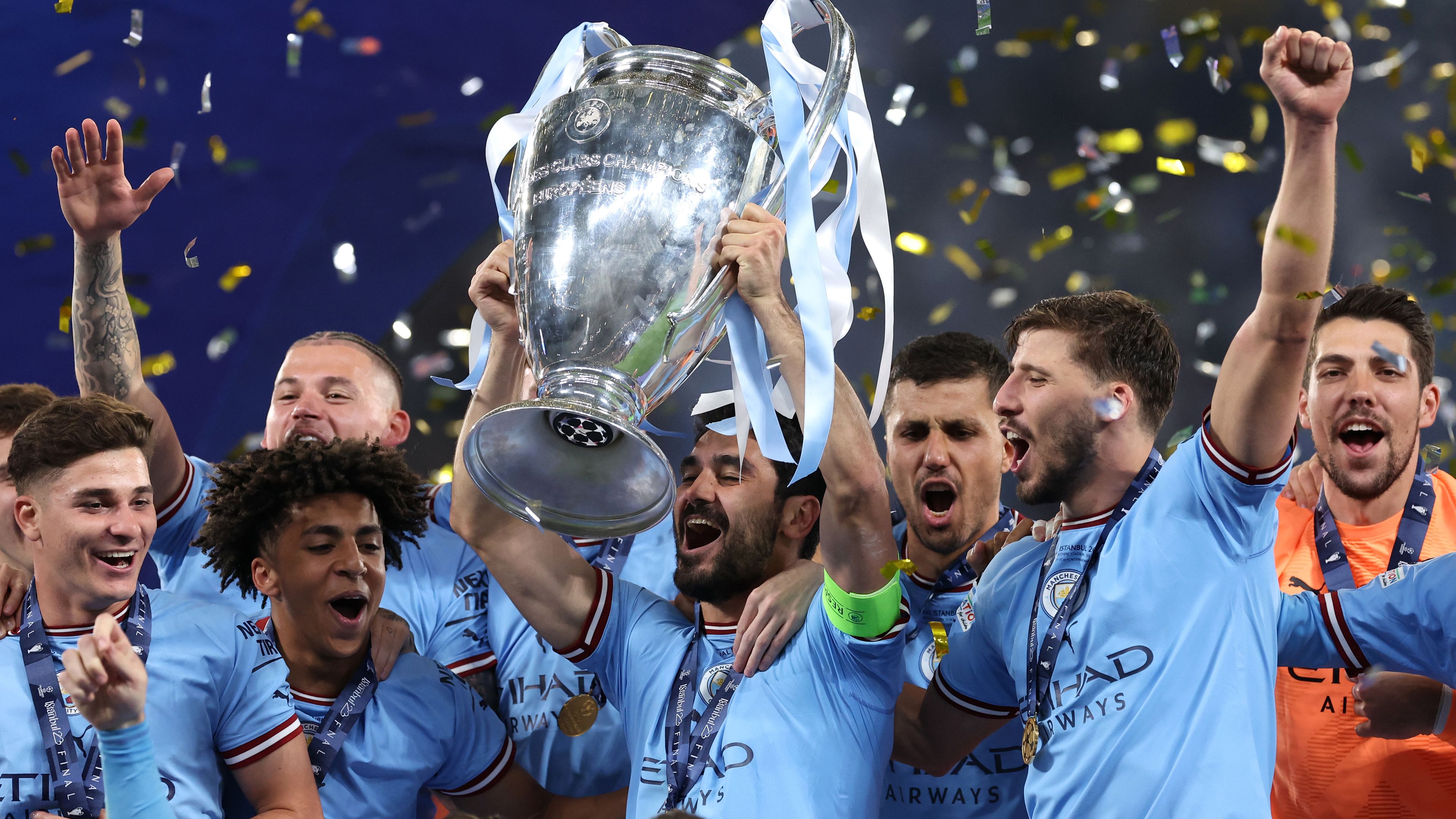 Ilkay Gundogan of Manchester City lifts the Champions League.