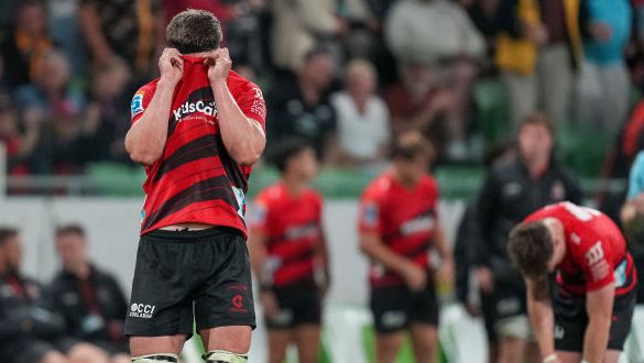 Scott Barrett of the Crusaders reacts after defeat.
