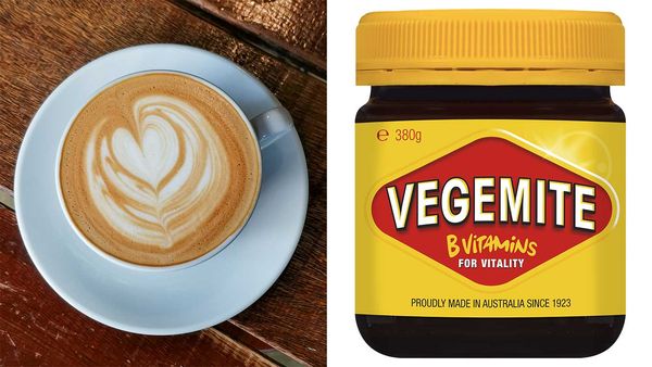 Latte coffee / jar of Vegemite