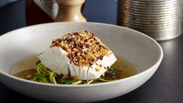 The Fish Shop's steamed blue-eye trevalla with zucchini and garlic chive 'noodles' with bacon dashi, bacon crumbs