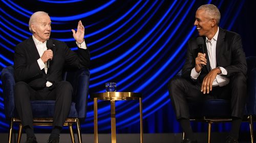 President Joe Biden speaks during a campaign event with former President Barack Obama