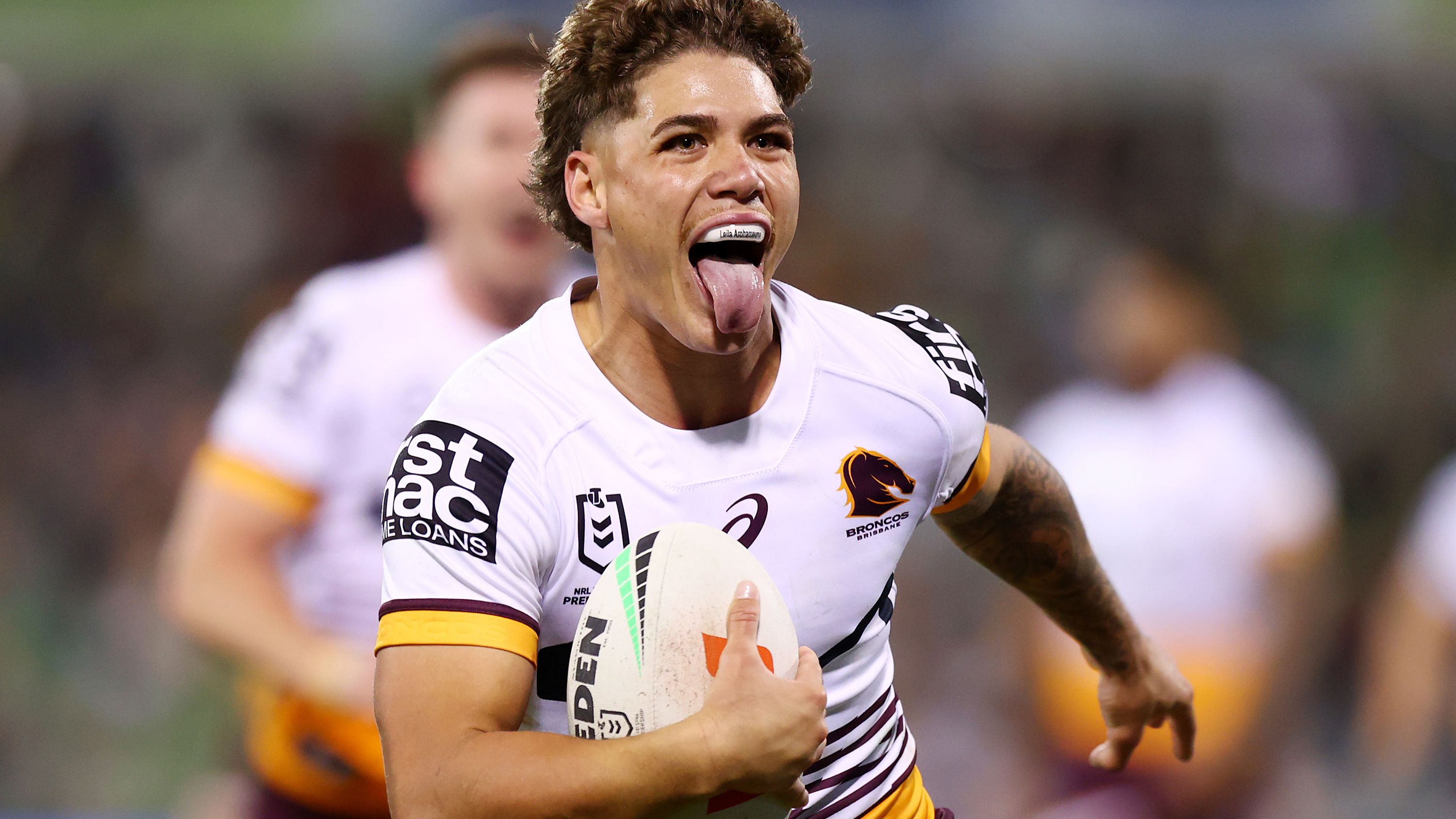 CANBERRA, AUSTRALIA - AUGUST 26: Reece Walsh of the Broncos heads to the try line to score during the round 26 NRL match between Canberra Raiders and Brisbane Broncos at GIO Stadium on August 26, 2023 in Canberra, Australia. (Photo by Mark Nolan/Getty Images)