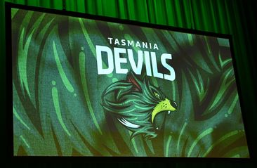 The Tasmania Devils logo is unveiled during an AFL event.