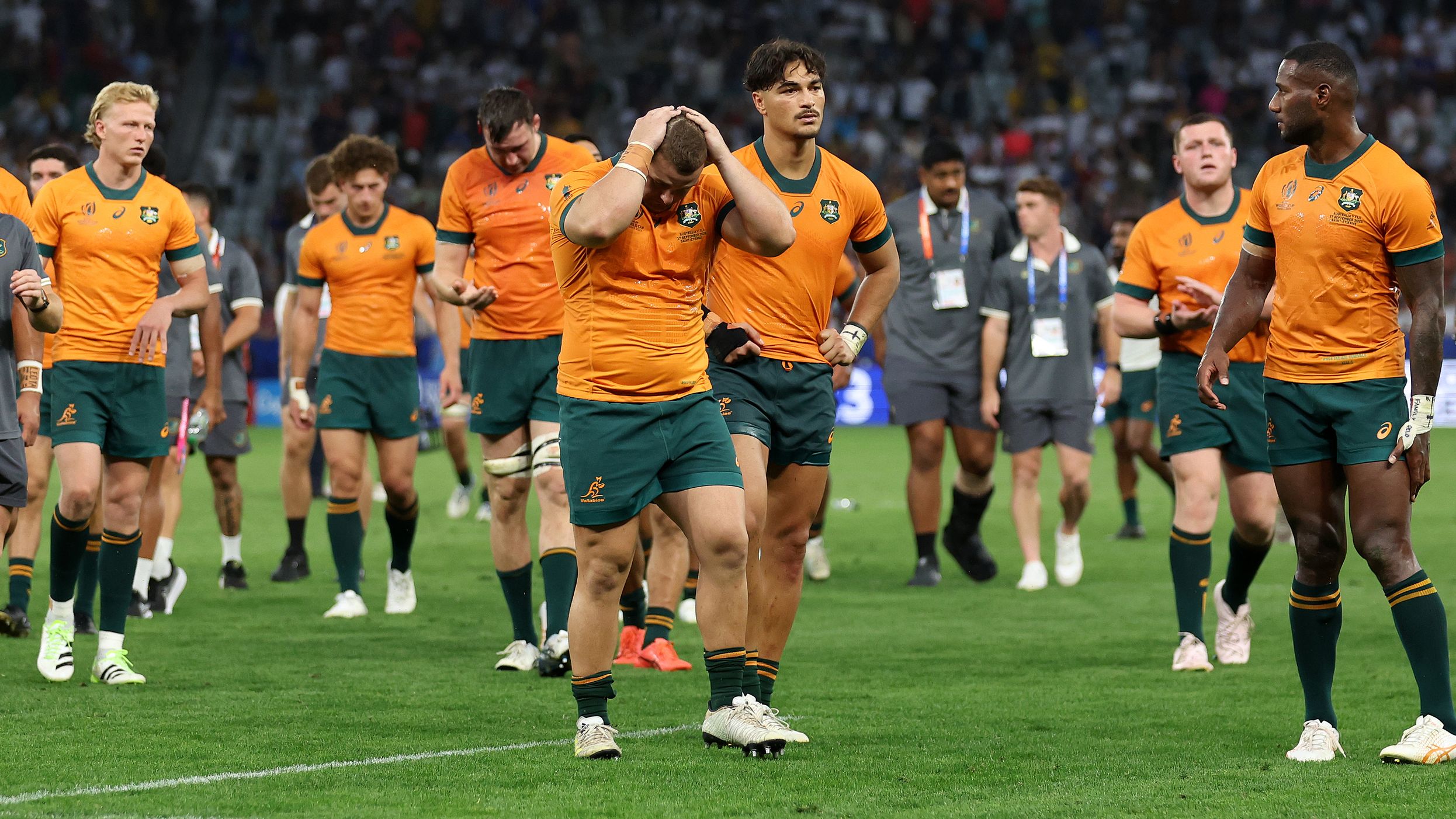 The Wallabies after their loss to Fiji in their second pool match at the Rugby World Cup.