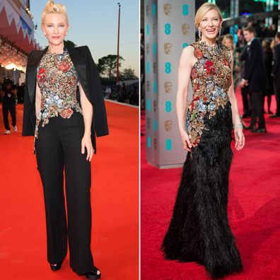 Cate Blanchett at the 2020 Venice Film Festival and the 2016 BAFTA Awards.