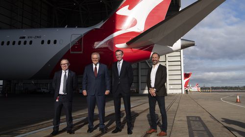 Qantas CEO Alan Joyce, NSW Premier Dominic Perrottet and the Hon.  Scott Morrison MP Prime Minister, speaking to media regarding international travel.
