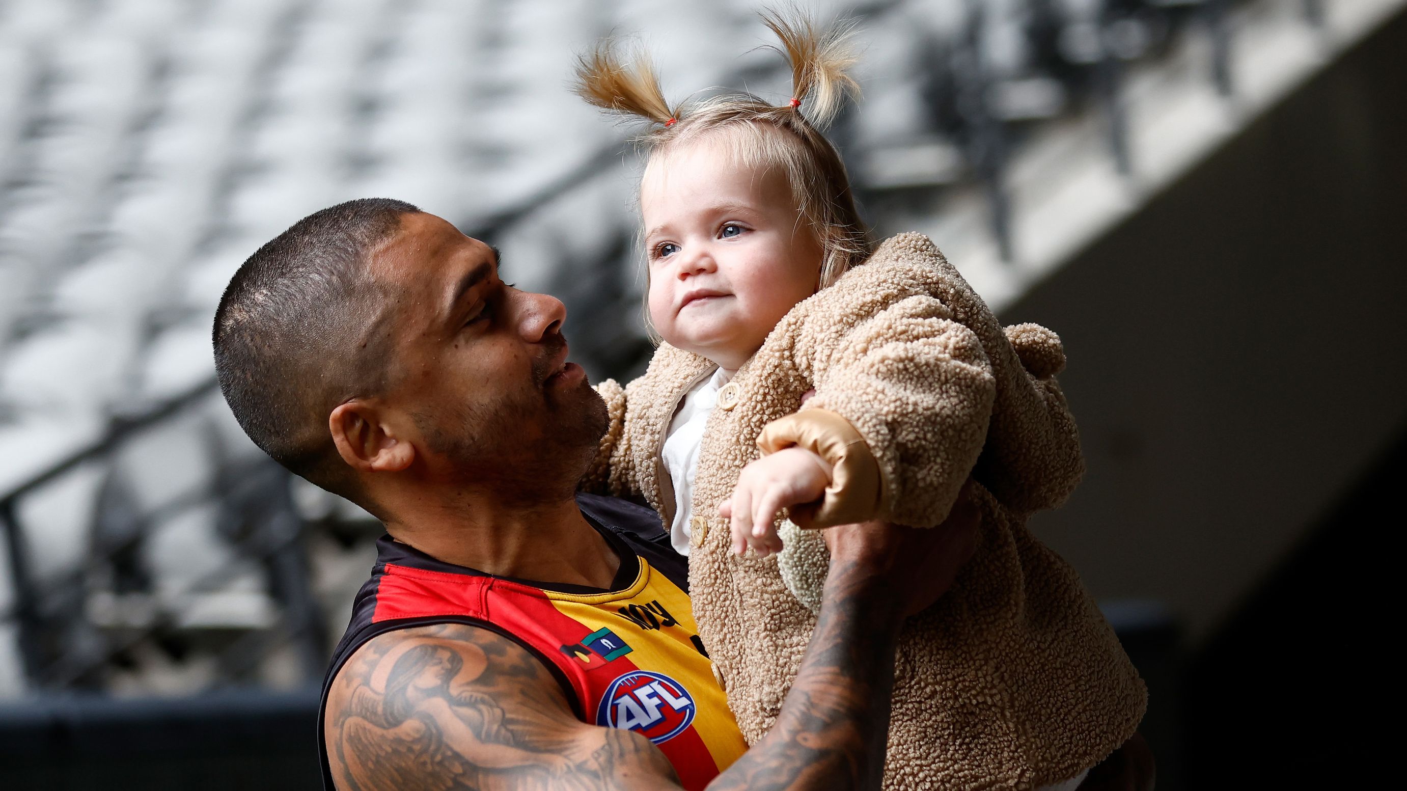 MELBOURNE, AUSTRALIA - MAY 16: Bradley Hill of the Saints and daughter Harriet are seen during the 2023 Sir Doug Nicholls Round Launch at Marvel Stadium on May 16, 2023 in Melbourne, Australia. (Photo by Michael Willson/AFL Photos)