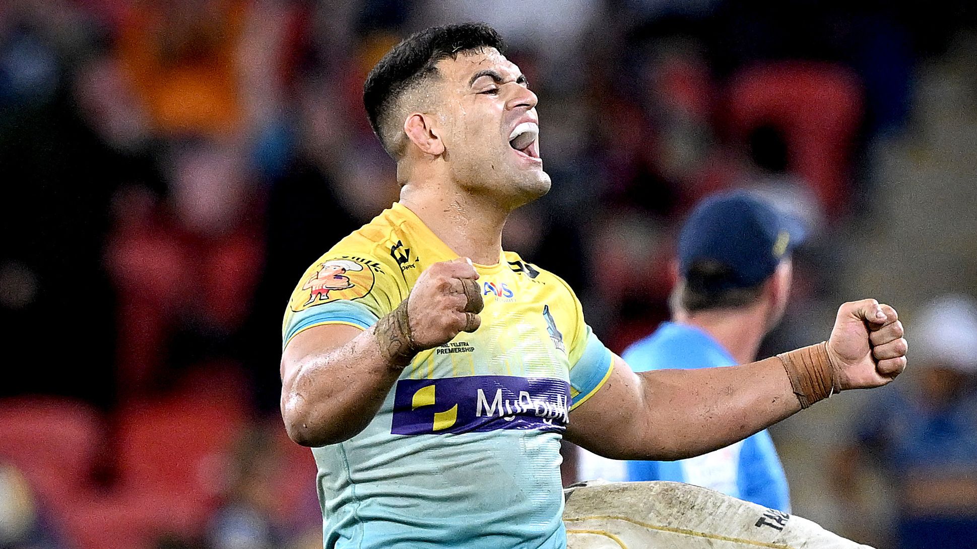 BRISBANE, AUSTRALIA - MAY 07: David Fifita of the Titans celebrates victory after the round 10 NRL match between Gold Coast Titans and Parramatta Eels at Suncorp Stadium on May 07, 2023 in Brisbane, Australia. (Photo by Bradley Kanaris/Getty Images)