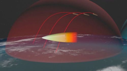 The graphics were shown during Mr Putin's state-of-the-nation speech. In this image, an Avangard gliding hypersonic warhead is shown maneuvering to bypass zones of detection and destruction by missile defense weapons. (AAP)
