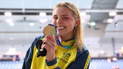 Alexa Leary celebrating winning gold at the 2023 World Para Swimming Championships in Manchester.