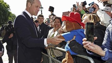 Prince William shakes hands with a Paddington Bear toy as he meets members of the public .