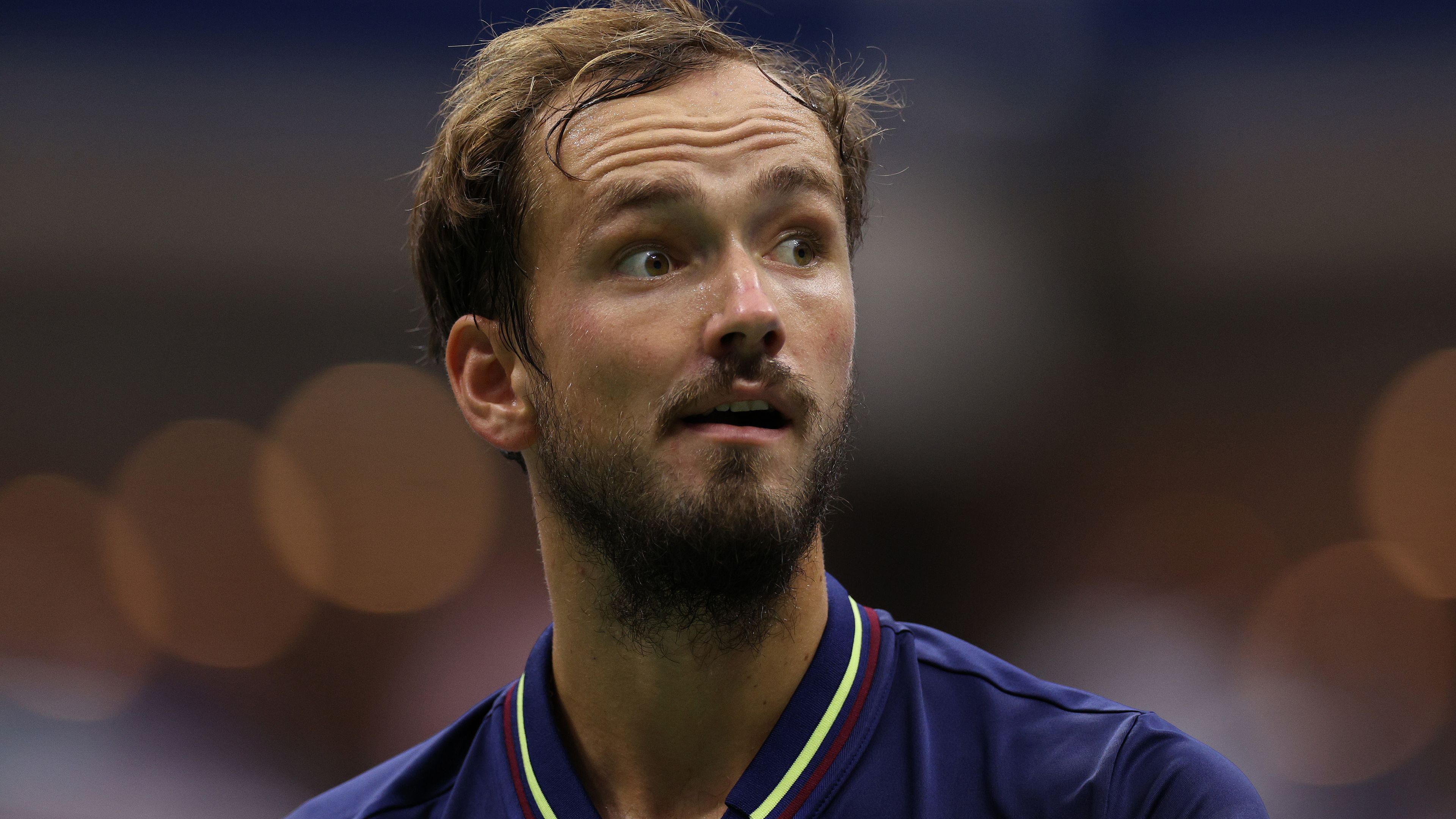 Daniil Medvedev of Russia reacts after a point against Novak Djokovic of Serbia during their Men&#x27;s Singles Final match on Day Fourteen of the 2023 US Open at the USTA Billie Jean King National Tennis Center on September 10, 2023 in the Flushing neighborhood of the Queens borough of New York City. (Photo by Elsa/Getty Images)