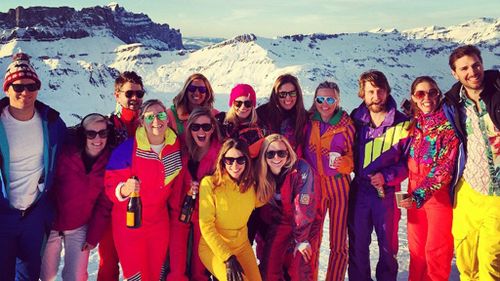 Ms Weeks' friends dressed up in some of her retro ski suits. (Supplied)
