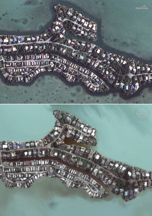 Satellite images provided by DigitalGlobe shows homes in Key West before and after Irma swept through. (AAP)