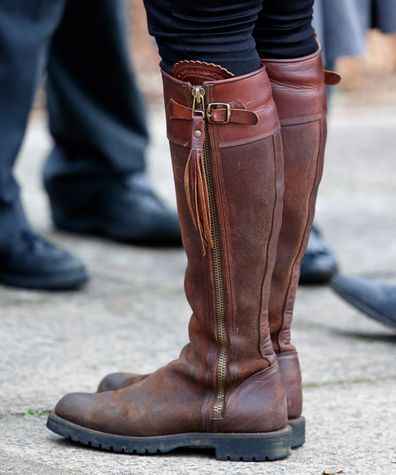 A close up of the Penelope Chilvers boots worn here in November 2017 to an event celebrating ten years of The Royal Horticultural Society campaign for school gardening in London