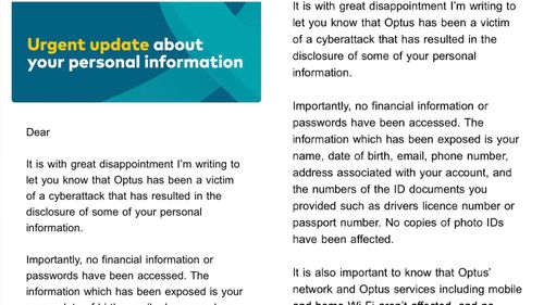 Email to customer about the Optus cyberattack.