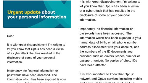 E-mail au client concernant la cyberattaque Optus.