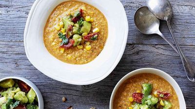 Mexican corn soup with crushed avocado