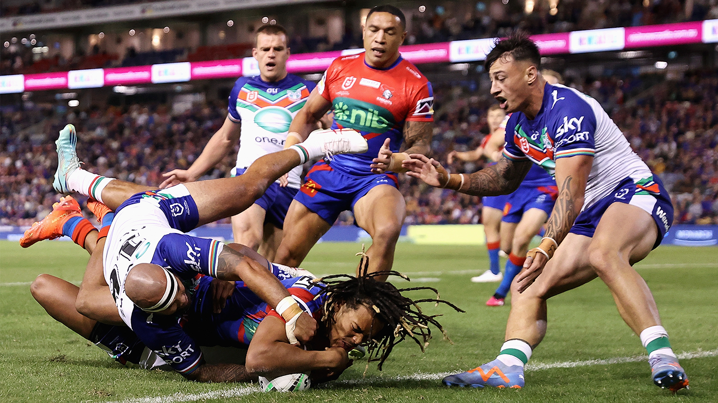 Dominic Young of the Knights scores a try during the round six NRL match between Newcastle Knights and New Zealand Warriors.