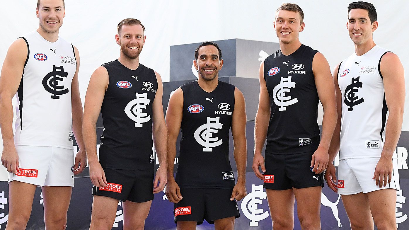 Harry McKay, Sam Docherty, Eddie Betts, Patrick Cripps and Jacob Weitering of the Blues pose during the Carlton Blues 2020 AFL playing kit reveal 