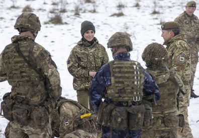 Kate,  Princess of Wales, Colonel, Irish Guards, meets members of the 1st Battalion Irish Guards, for the first time since receiving the honorary appointment last year during her first visit to the 1st Battalion Irish Guards since becoming Colonel, at the Salisbury Plain Training Area in Wiltshire, England, Wednesday March 8, 2023. 