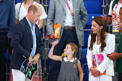 Prince William, Duke of Cambridge, Princess Charlotte and Catherine, Duchess of Cambridge watch the action on day five of the Birmingham 2022 Commonwealth Games at Sandwell Aquatics Centre on August 02, 2022 in Smethwick, England
