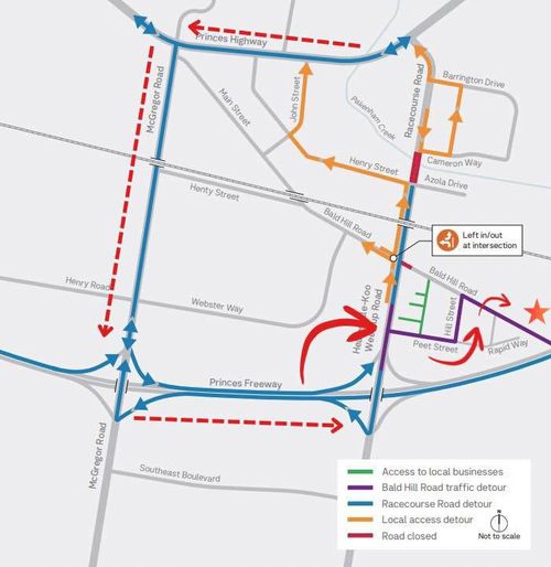 Este mapa mostra o caminho complicado que os clientes precisam seguir para chegar à Pakenham Bulk Foods enquanto as obras estão em andamento.