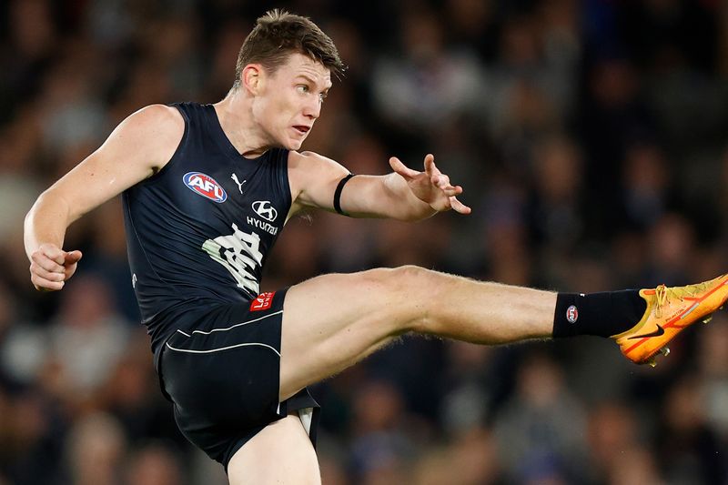 Sam Walsh of the Blues kicks the ball during the 2022 AFL Round 15 match between the Carlton Blues and the Fremantle Dockers at Marvel Stadium on June 25, 2022 in Melbourne, Australia. (Photo by Michael Willson/AFL Photos via Getty Images)