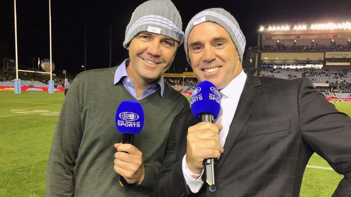 Matt Callander and Brad Fittler talk about Beanie for Brain Cancer Round during Nine&#x27;s coverage at Shark Park in 2017.