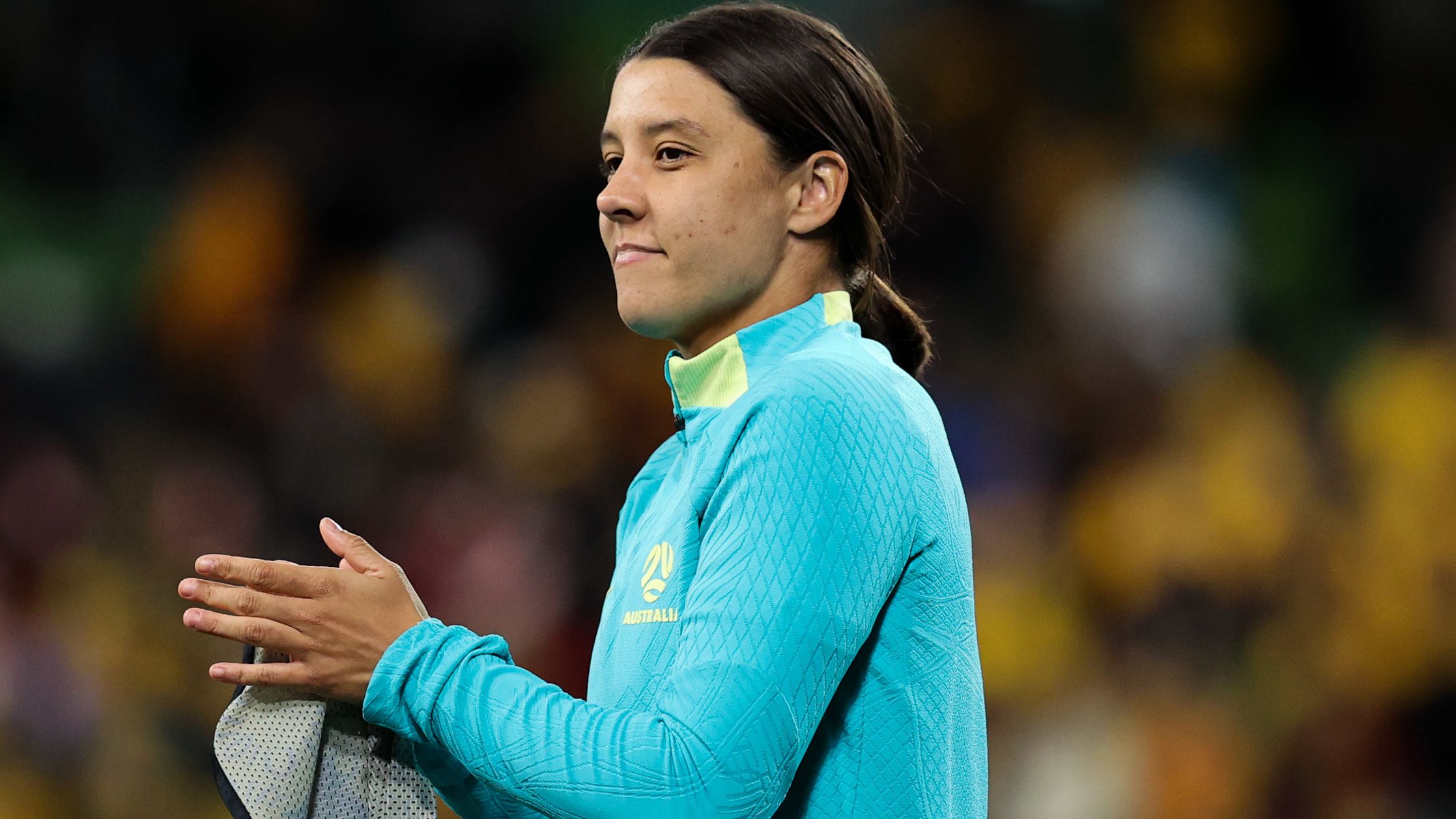 MELBOURNE, AUSTRALIA - JULY 31: Sam Kerr #20 of Australia thanks the fans after the FIFA Women&#x27;s World Cup Australia &amp; New Zealand 2023 Group B match between Canada and Australia at Melbourne Rectangular Stadium on July 31, 2023 in Melbourne, Australia. (Photo by Zhizhao Wu/Getty Images )