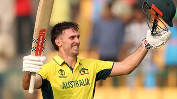 Mitch Marsh of Australia celebrates their century during the ICC Men&#x27;s Cricket World Cup India 2023 between Australia and Pakistan at M. Chinnaswamy Stadium on October 20, 2023 in Bangalore, India. (Photo by Robert Cianflone/Getty Images)