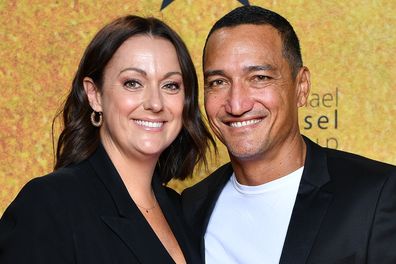 Celeste Barber and Api Robin attends the Australian premiere of Hamilton at Lyric Theatre, Star City on March 27, 2021 in Sydney, Australia.