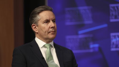 Minister for Health, Disability and Ageing and Minister for the NDIS Mark Butler addresses the National Press Club in Canberra on August 20, 2025. fedpol Photo: Dominic Lorrimer