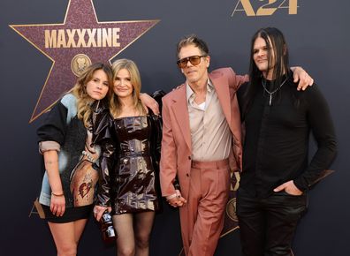 HOLLYWOOD, CALIFORNIA - JUNE 24: (L-R) Sosie Bacon, Kyra Sedgwick, Kevin Bacon and Travis Bacon attend the World Premiere of A24's "MAXXXINE" at TCL Chinese Theatre on June 24, 2024 in Hollywood, California. (Photo by Kevin Winter/Getty Images)