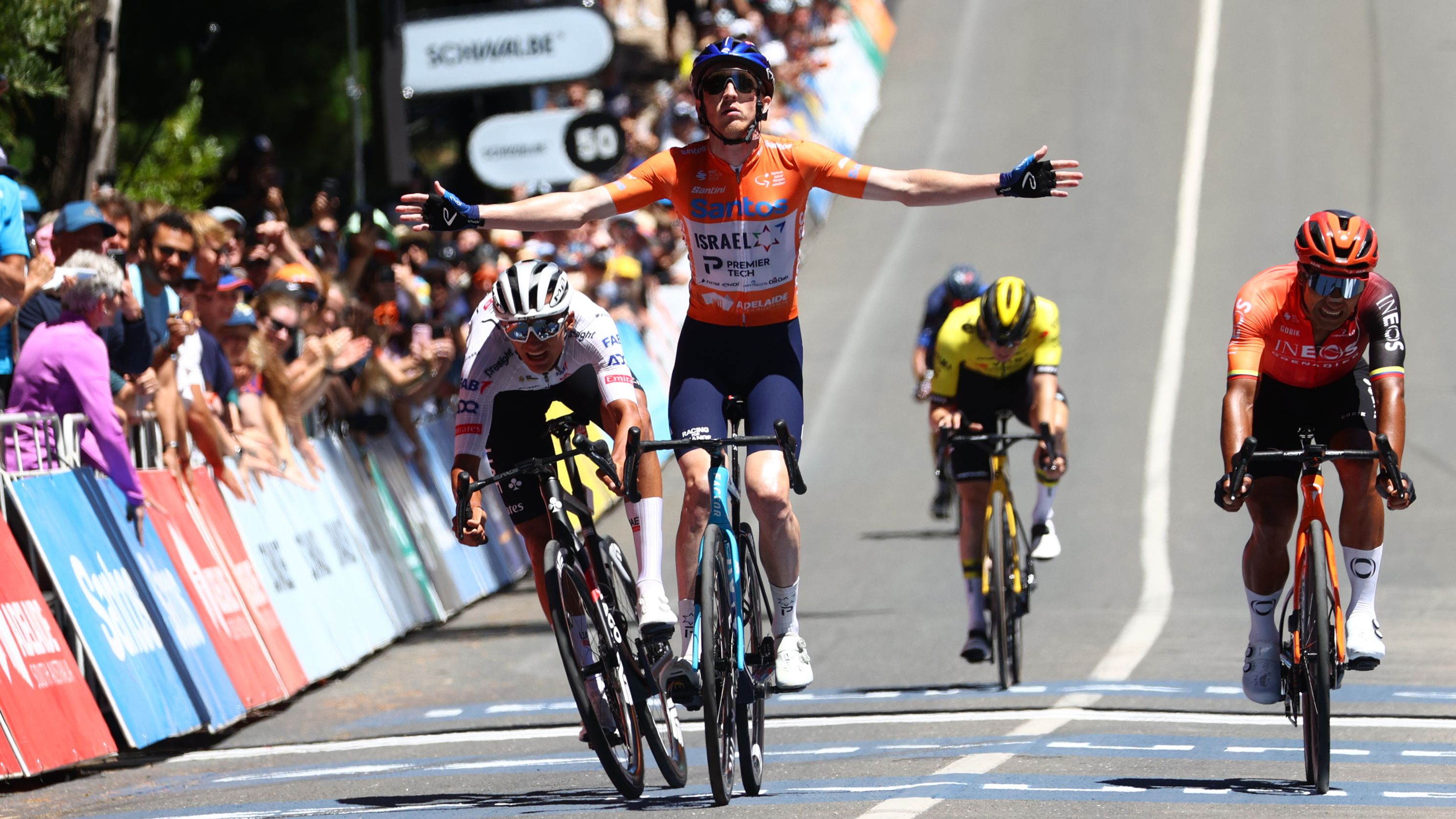 Stephen Williams of the Israel-Premier Tech team celebrates winning the final stage of the 24th Santos Tour Down Under.