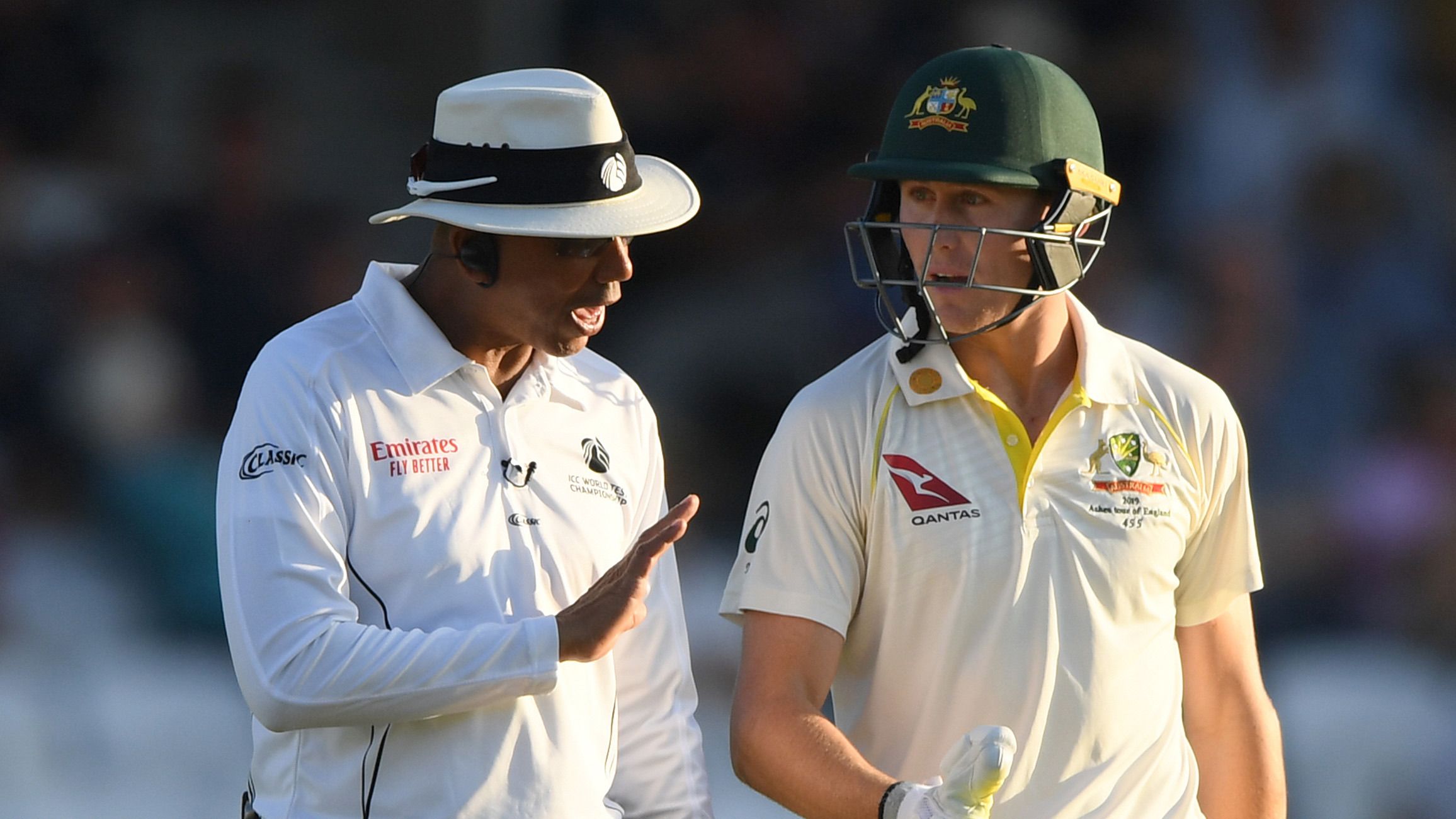 Australia batsman Marnus Labuschagne has words with umpire Joel Wilson during day two of the 3rd Test Match between England and Australia at Headingley on August 23, 2019 in Leeds, England. (Photo by Stu Forster/Getty Images)