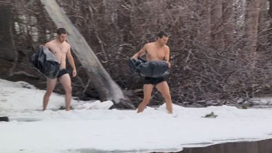 Nick Jonas and Bear Grylls stripped down to make it across an icy lake together.