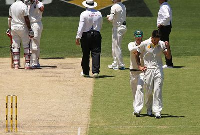 Johnson was visibly upset after the ball, forced away by Michael Clarke. (Getty)