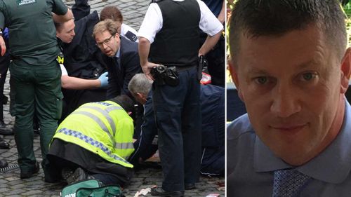 First responders, including MP Tobias Ellwood, working to revive PC Keith Palmer. (AAP/Supplied)