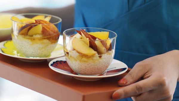 Coconut pearls with stone-fruit salad and mango sorbet