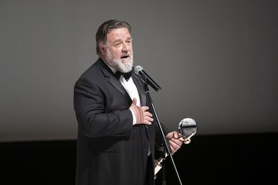 Russell Crowe delivers a speech after receiving the Crystal Globe during the opening ceremony of the 57th Karlovy Vary International Film Festival on June 30, 2023 in Karlovy Vary, Czech Republic. 