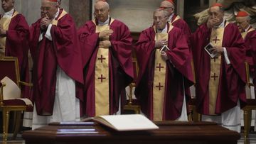 Cardinals and bishops pray during the funeral ceremony of Australian Cardinal George Pell in St. Peter&#x27;s Basilica at the Vatican, Saturday Jan. 14, 2023.  
