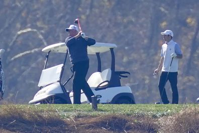 President Donald Trump plays a round of Golf at the Trump National Golf Club in Sterling, Virginia