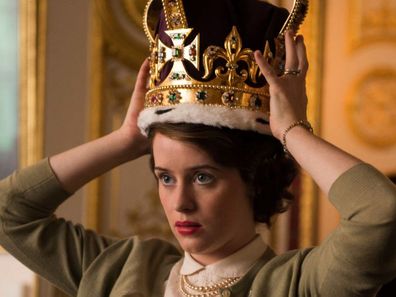 Claire Foy as Queen Elizabeth in The Crown trying on the a replica of the St Edward's Crown 1