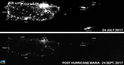 A satellite image of Puerto Rico shows the reality of how much power it has lost because of the storm. (NOAA) 