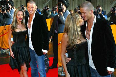 Newly-highlighted hair VB? <br/><br/>Right after D-Becks is accused of cheating with nanny Rebecca Loos in 2004, the loved-up couple hit the red carpet for a serious PDA-sesh. Boobs out for the boys!  <br/>
