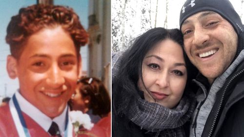 An old photo of Kevin Hines at high school (left), and Kevin pictured with his wife Margaret Hines who also works in the mental health advocacy field. (Supplied)