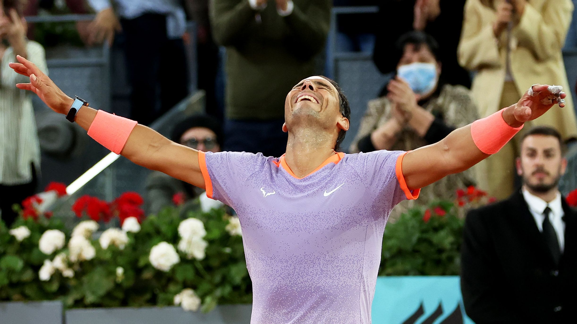 Rafael Nadal of Spain celebrates victory against Alex de Minaur of Australia in the Men&#x27;s Singles Round of 64 match during Day Five of the Mutua Madrid Open at La Caja Magica on April 27, 2024 in Madrid, Spain. (Photo by Clive Brunskill/Getty Images)