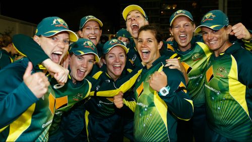  Australia players celebrate their win over England during the 2nd NatWest T20 of the Women's Ashes Series between England and Australia. (Getty)