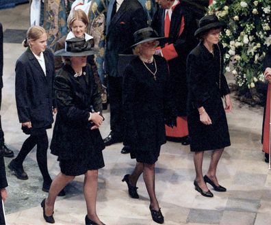 Frances Shand-Kydd attends her daughter Princess Diana's funeral. 